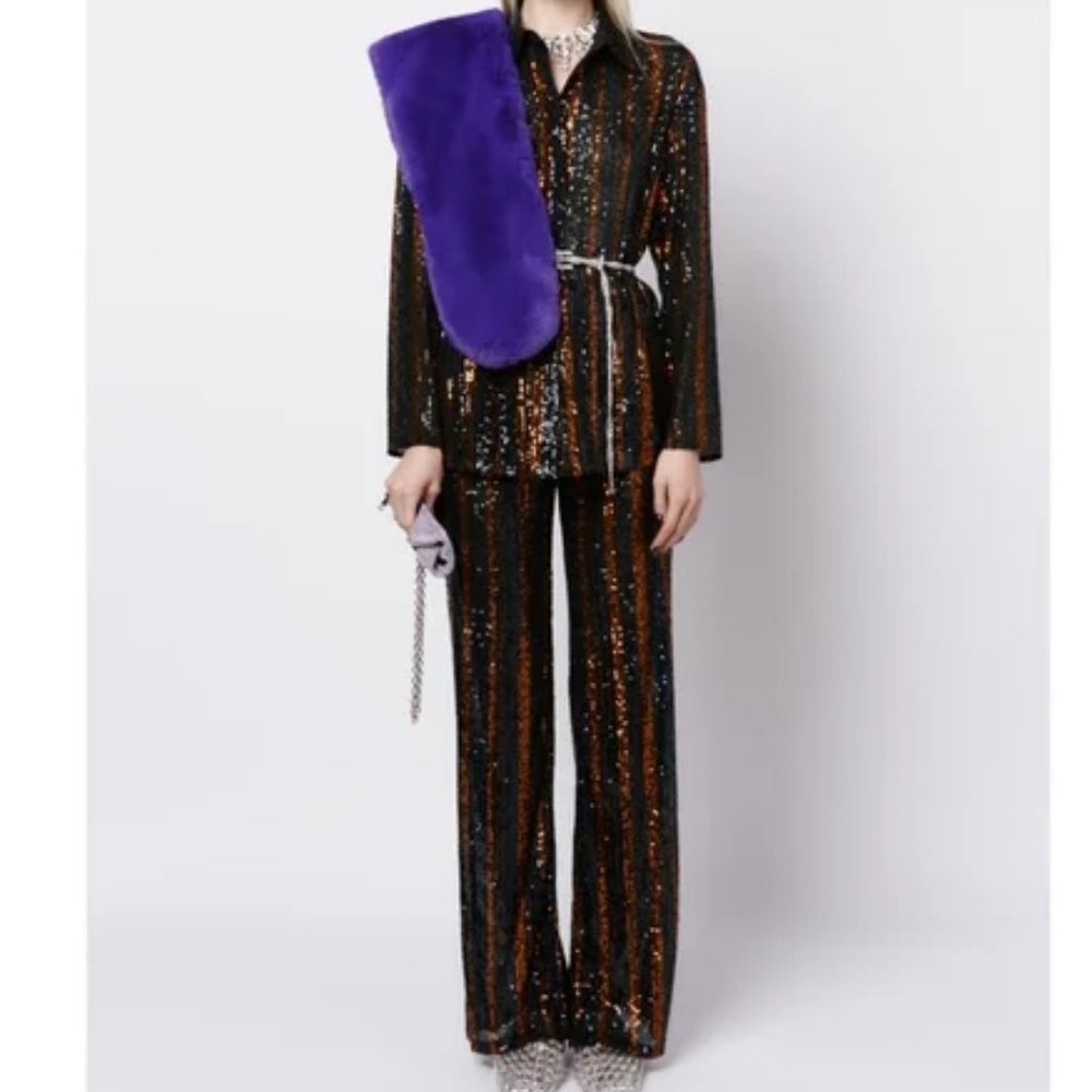 Zara Sequin flared pants striped orange black and blue size L NWT